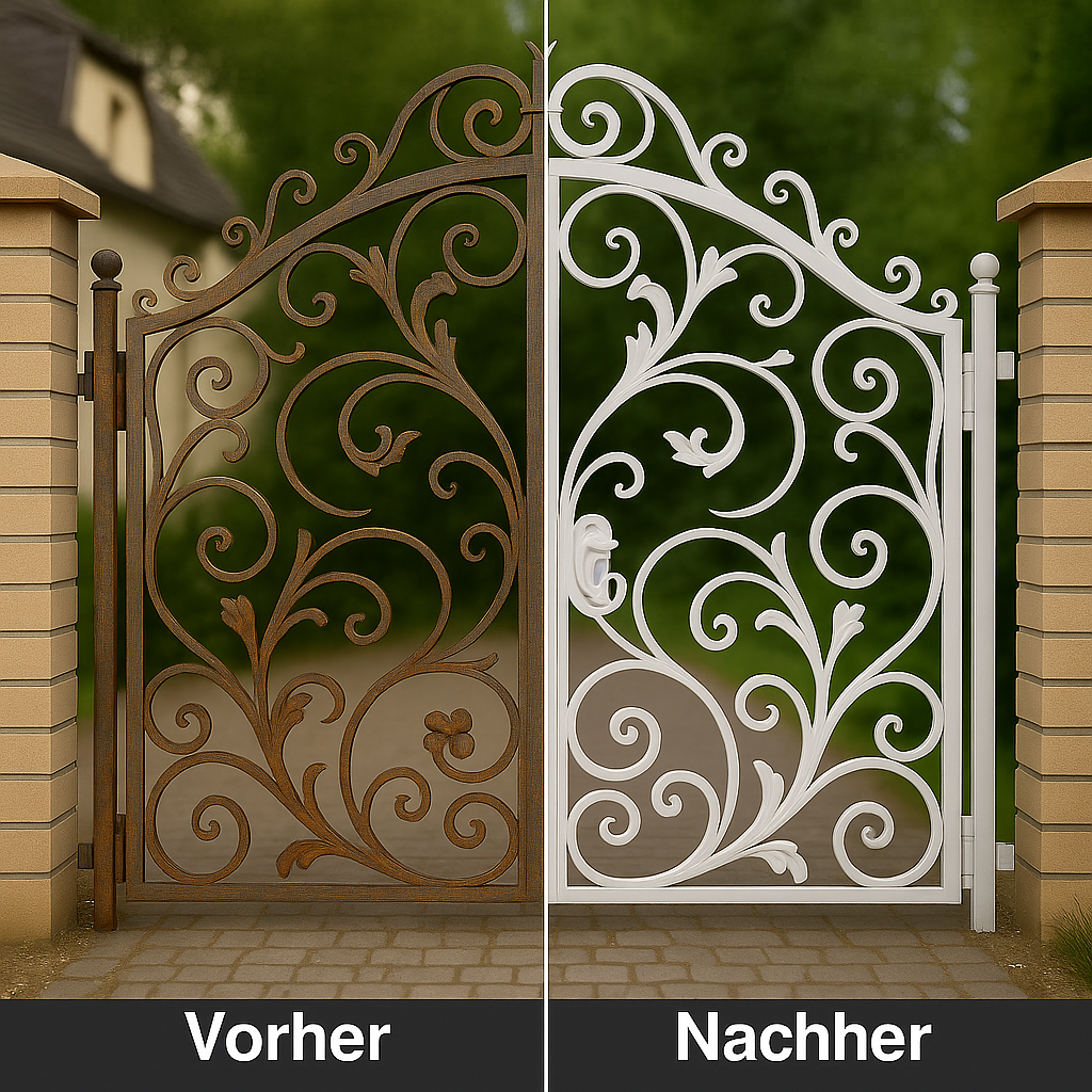 lacken-anwendungsbild-gartentor-in-einfahrt-reinweissvorher-nachher Gartentor Reinweiß