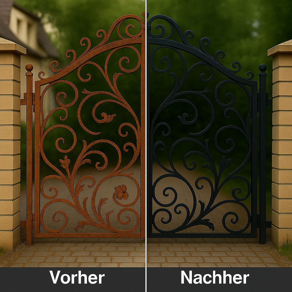 lacken-anwendungsbild-gartentor-in-einfahrt-schwarz-vorher-nachher Lack Schwarz Einfahrttor